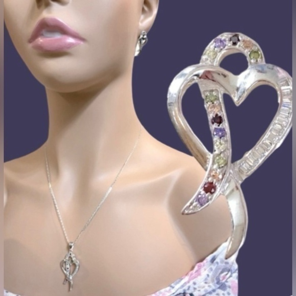 925 Italy Colored & Clear CZ Loop Open Heart Mariner Necklace & Earring Set Firm - Picture 3 of 15
